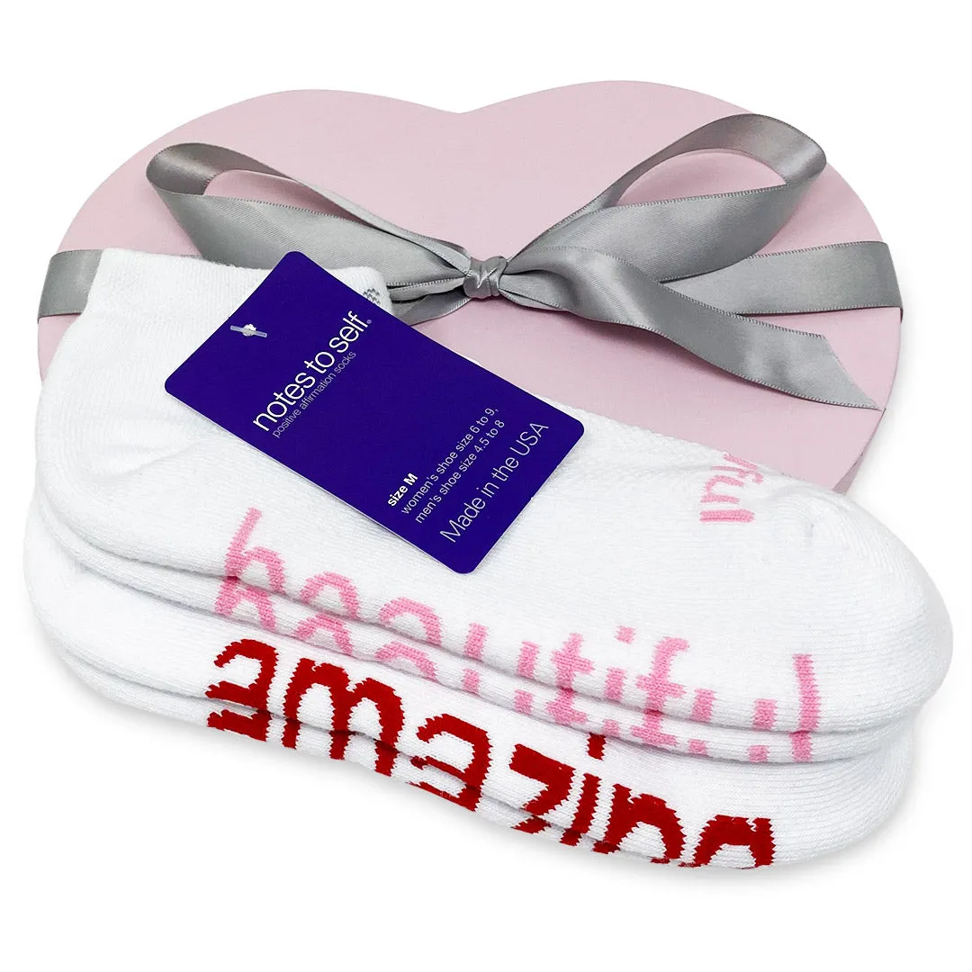 I am beautiful™   I am amazing® white socks in pink heart box