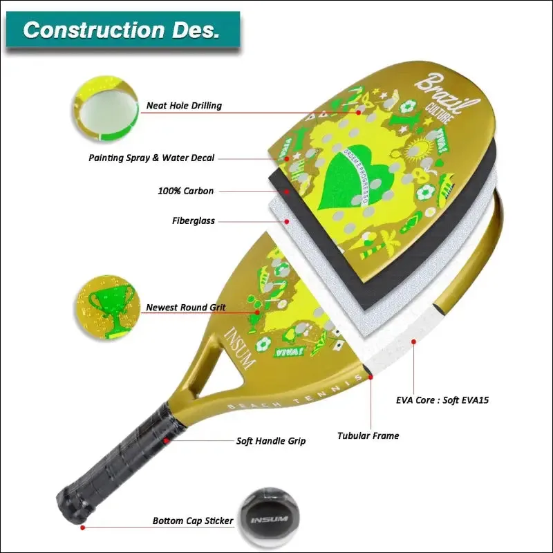 Insum beach tennis racket 100% carbon fiber eva soft raquete beach tennis round surface for men