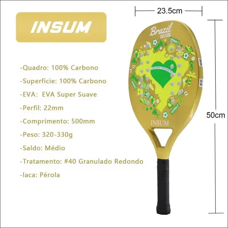 Insum beach tennis racket 100% carbon fiber eva soft raquete beach tennis round surface for men