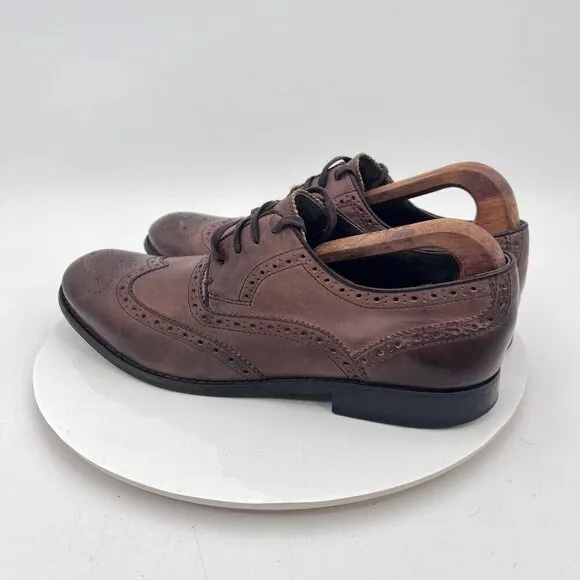 John Varvatos Men Size 9M Brown Tobacco Leather Lace Up Wingtip Derby Dress Shoe