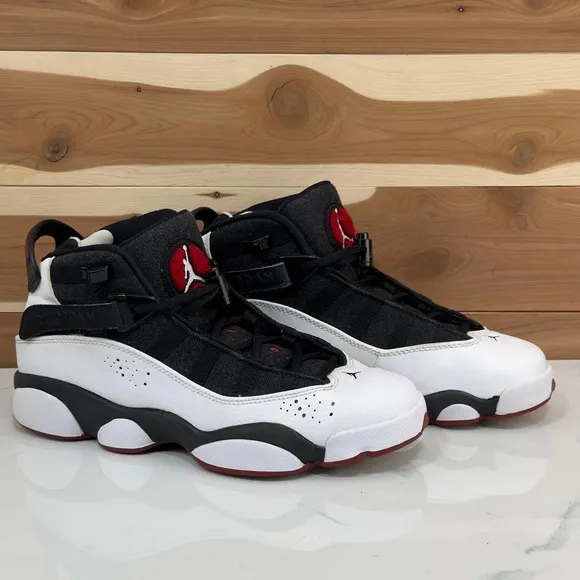Jordan 6 Rings Basketball Shoes Sneakers White Black Red Youth Size 7Y/ 8.5 W