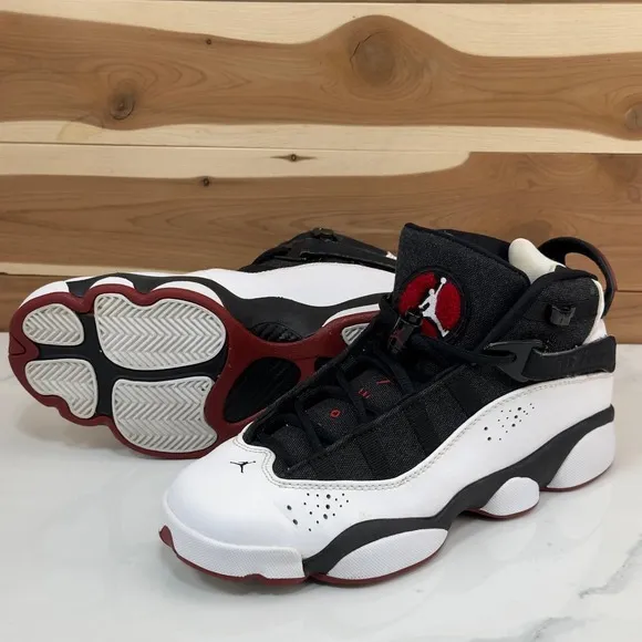 Jordan 6 Rings Basketball Shoes Sneakers White Black Red Youth Size 7Y/ 8.5 W