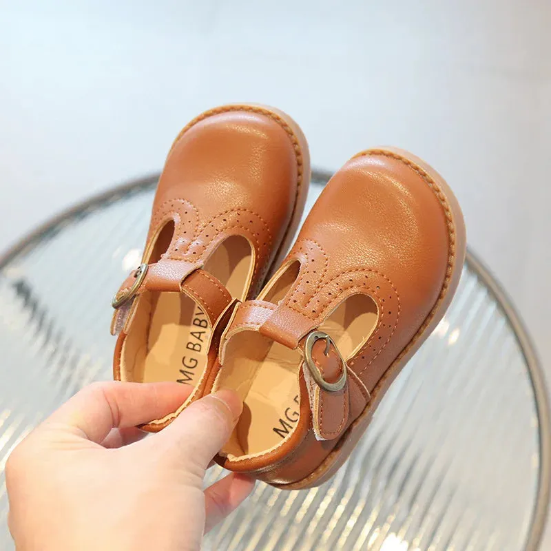 Kids T Strap Leather Shoes Girls Princess Shoes Boys Breathable Flats Mary Janes Black Brown Child Baby Toddlers