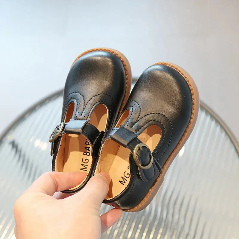 Kids T Strap Leather Shoes Girls Princess Shoes Boys Breathable Flats Mary Janes Black Brown Child Baby Toddlers