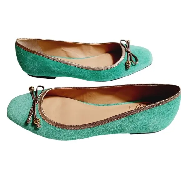 Lilly Pulitzer, Jewel Green Suede Flat Shoes, Size 7M, Gold Trim, Bow, Squared