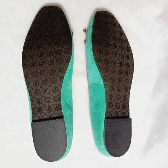 Lilly Pulitzer, Jewel Green Suede Flat Shoes, Size 7M, Gold Trim, Bow, Squared