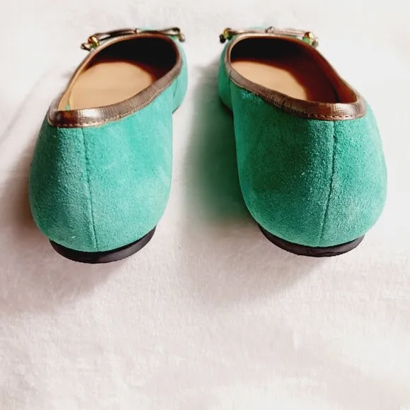 Lilly Pulitzer, Jewel Green Suede Flat Shoes, Size 7M, Gold Trim, Bow, Squared