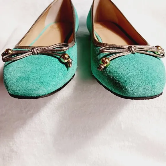 Lilly Pulitzer, Jewel Green Suede Flat Shoes, Size 7M, Gold Trim, Bow, Squared