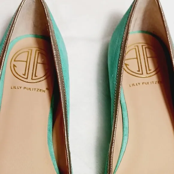 Lilly Pulitzer, Jewel Green Suede Flat Shoes, Size 7M, Gold Trim, Bow, Squared