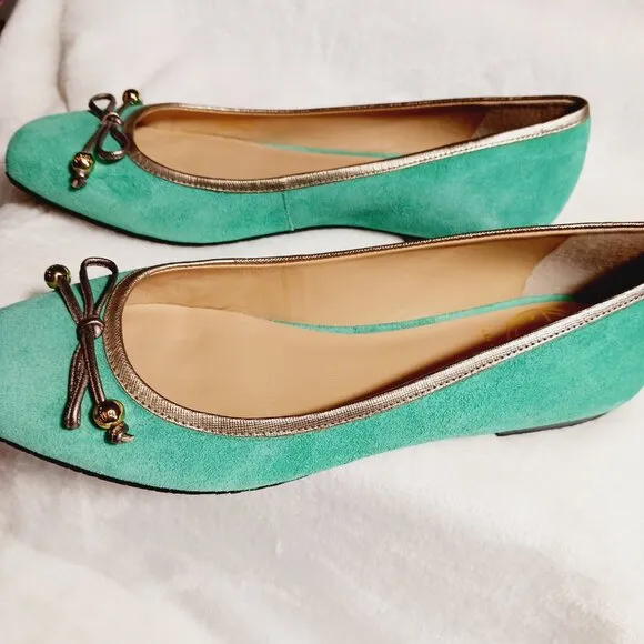 Lilly Pulitzer, Jewel Green Suede Flat Shoes, Size 7M, Gold Trim, Bow, Squared