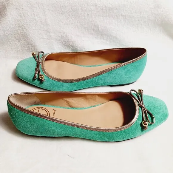 Lilly Pulitzer, Jewel Green Suede Flat Shoes, Size 7M, Gold Trim, Bow, Squared