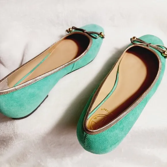 Lilly Pulitzer, Jewel Green Suede Flat Shoes, Size 7M, Gold Trim, Bow, Squared
