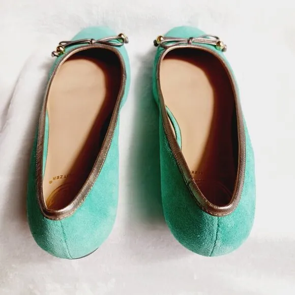 Lilly Pulitzer, Jewel Green Suede Flat Shoes, Size 7M, Gold Trim, Bow, Squared