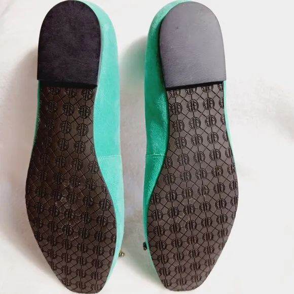 Lilly Pulitzer, Jewel Green Suede Flat Shoes, Size 7M, Gold Trim, Bow, Squared