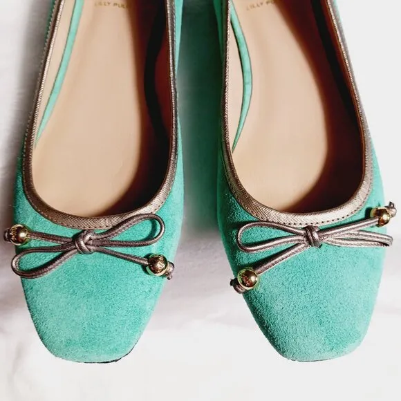 Lilly Pulitzer, Jewel Green Suede Flat Shoes, Size 7M, Gold Trim, Bow, Squared