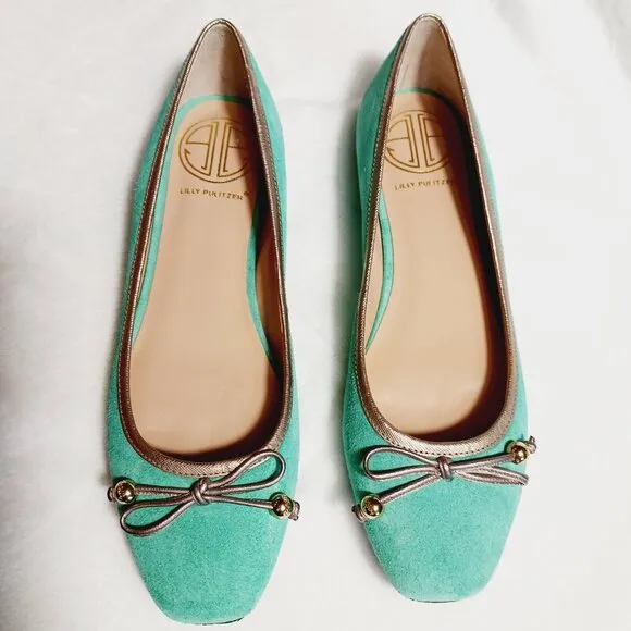Lilly Pulitzer, Jewel Green Suede Flat Shoes, Size 7M, Gold Trim, Bow, Squared