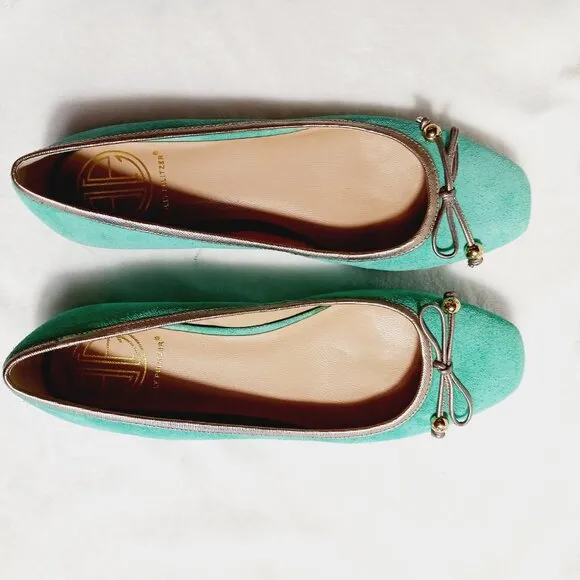 Lilly Pulitzer, Jewel Green Suede Flat Shoes, Size 7M, Gold Trim, Bow, Squared