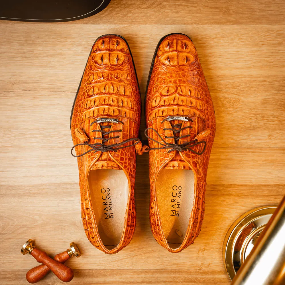 Marco Di Milano Nilo Brandy Hornback Crocodile Derby Oxford Dress Shoes