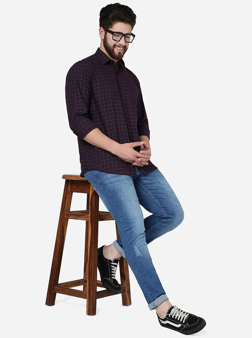Maroon Checked Slim Fit Semi Casual Shirt | JadeBlue
