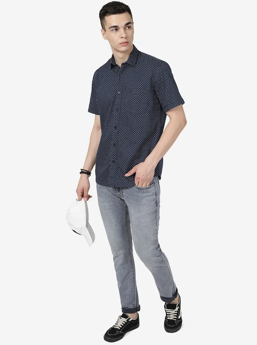 Navy Blue Printed Slim Fit Semi Casual Shirt | JadeBlue