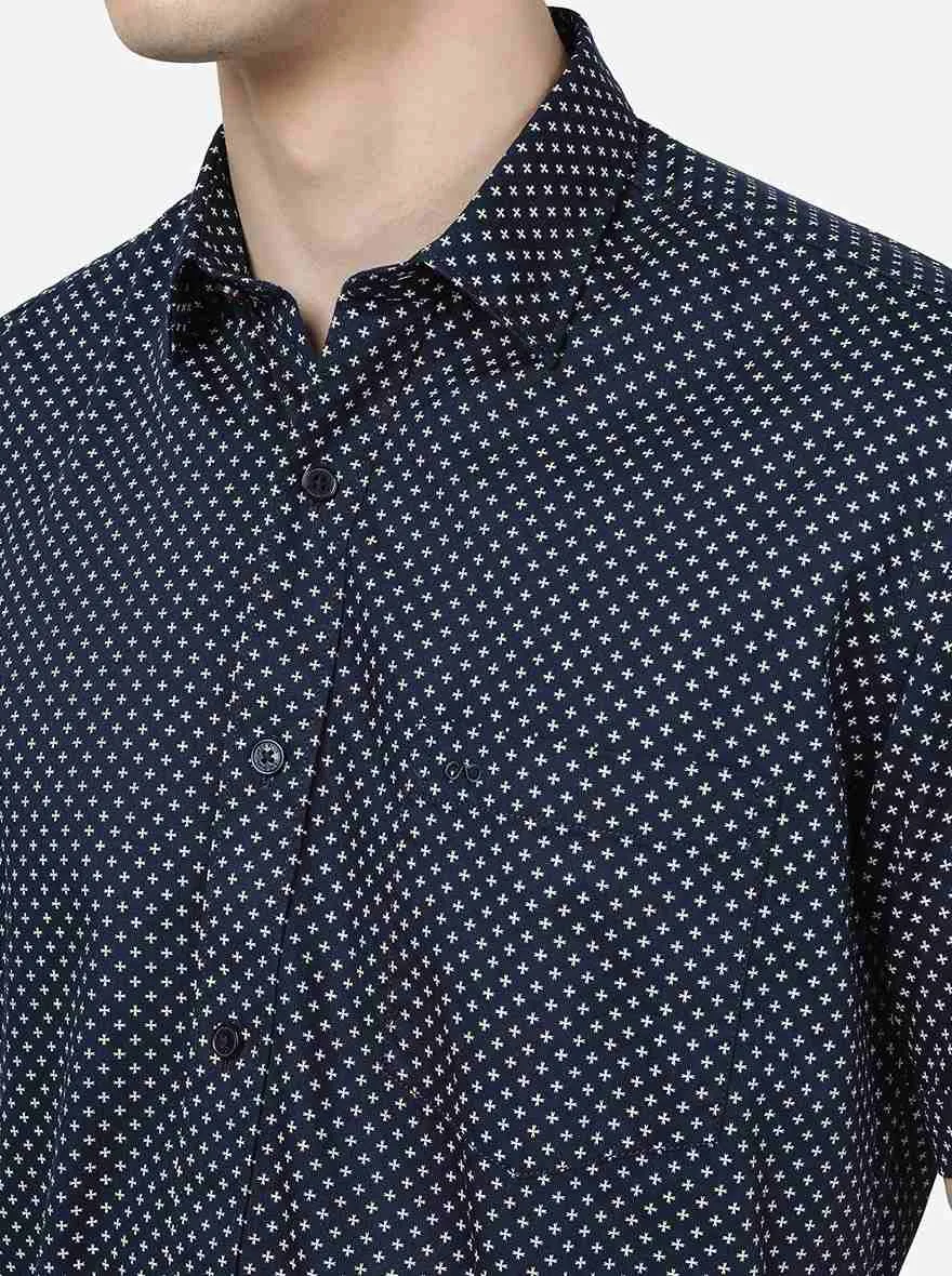 Navy Blue Printed Slim Fit Semi Casual Shirt | JadeBlue