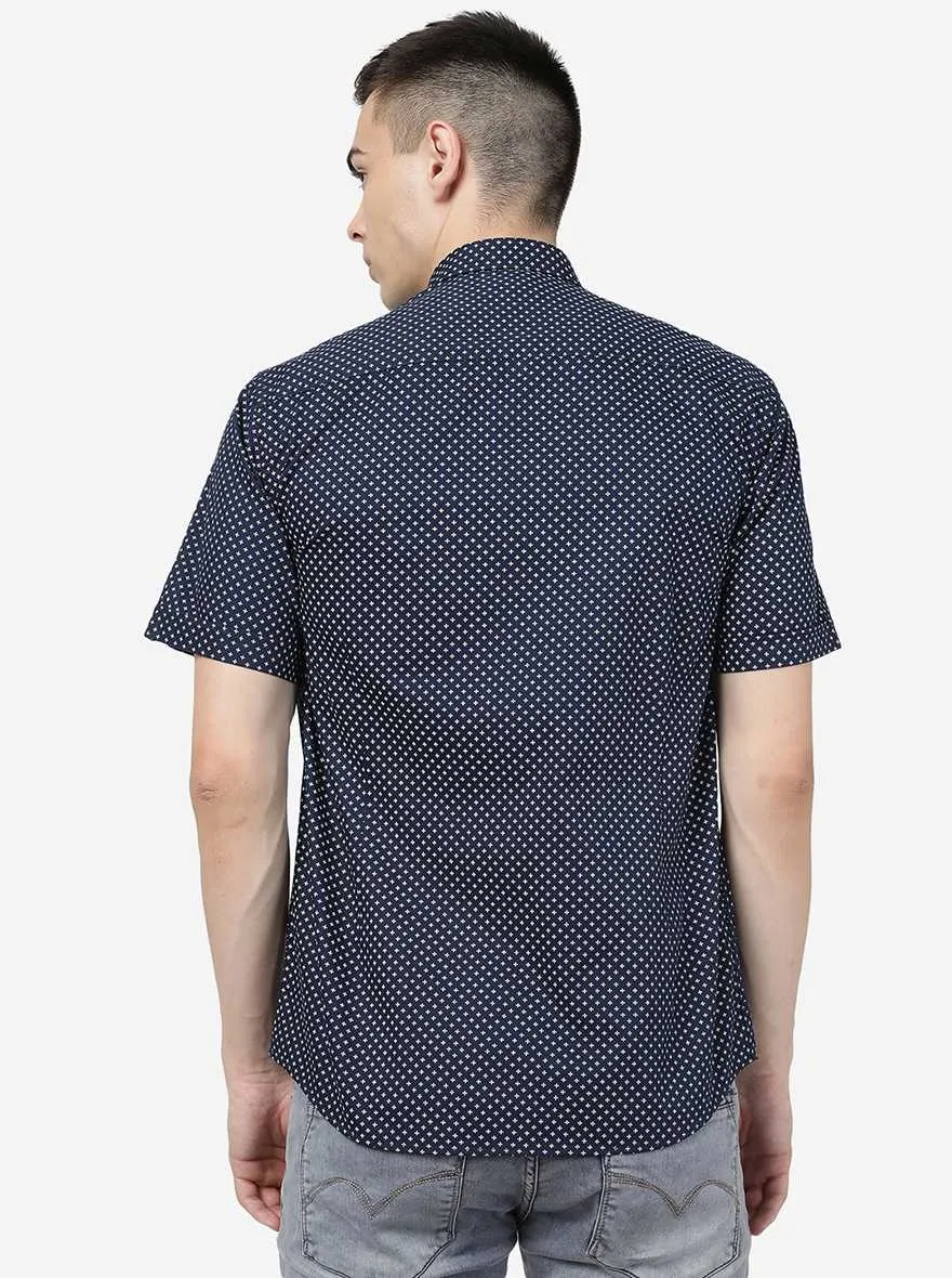 Navy Blue Printed Slim Fit Semi Casual Shirt | JadeBlue
