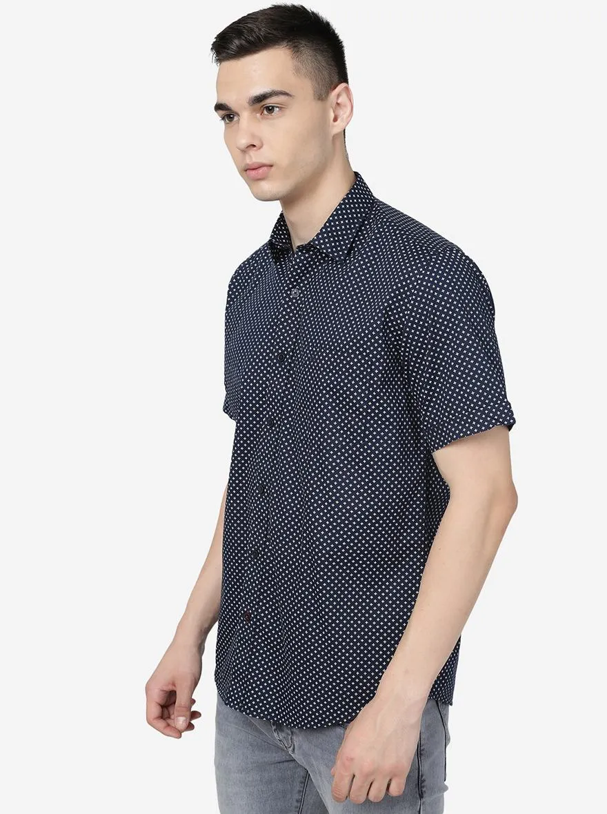 Navy Blue Printed Slim Fit Semi Casual Shirt | JadeBlue