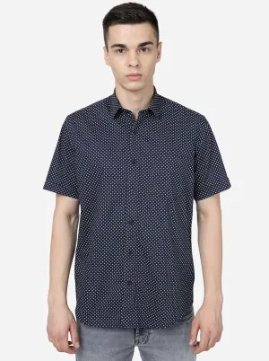 Navy Blue Printed Slim Fit Semi Casual Shirt | JadeBlue