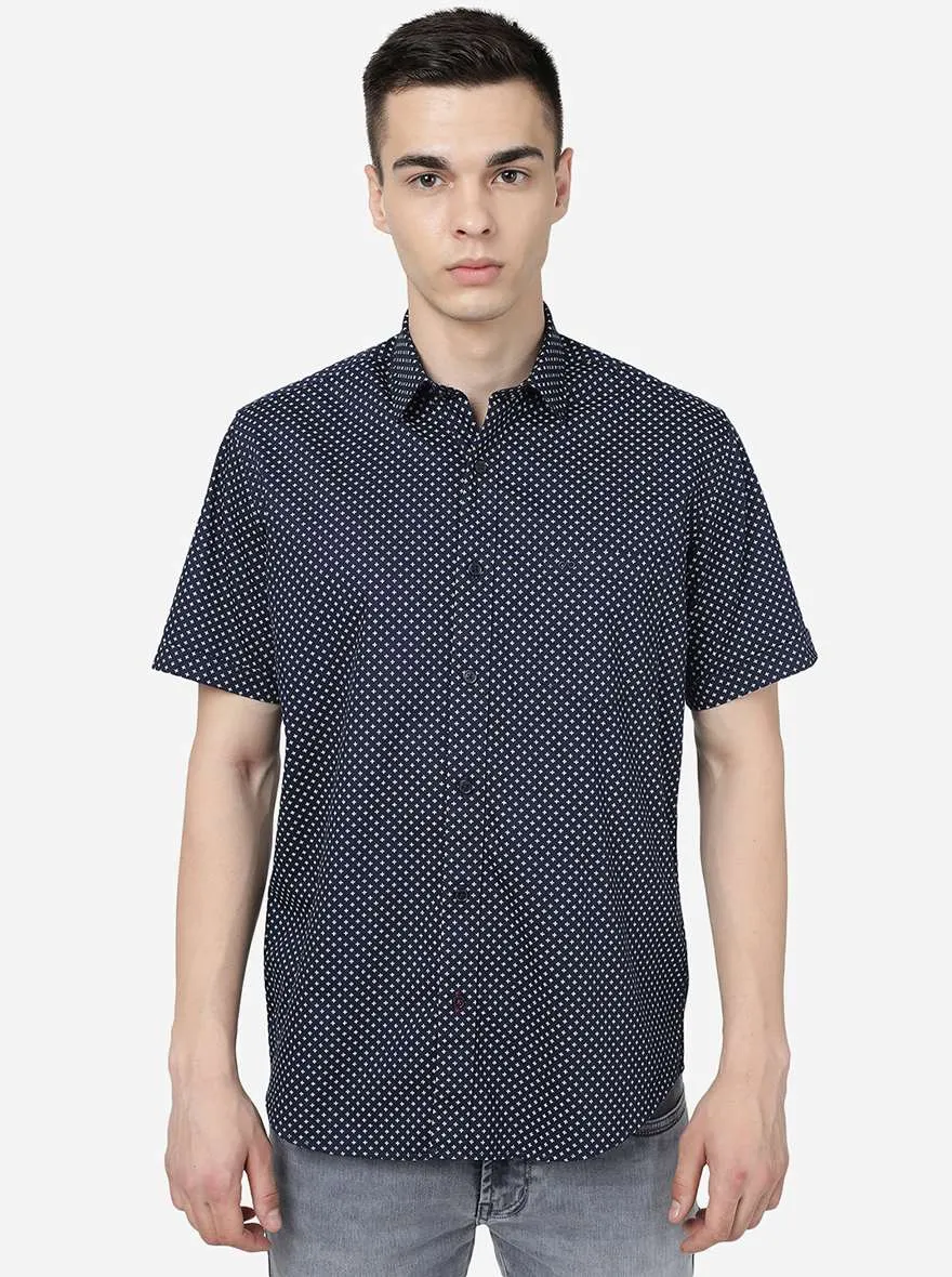 Navy Blue Printed Slim Fit Semi Casual Shirt | JadeBlue