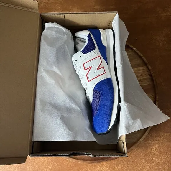 New Balance 574 Sneakers Shoes Suede White Royal Blue Men's 7 Womens 8.5