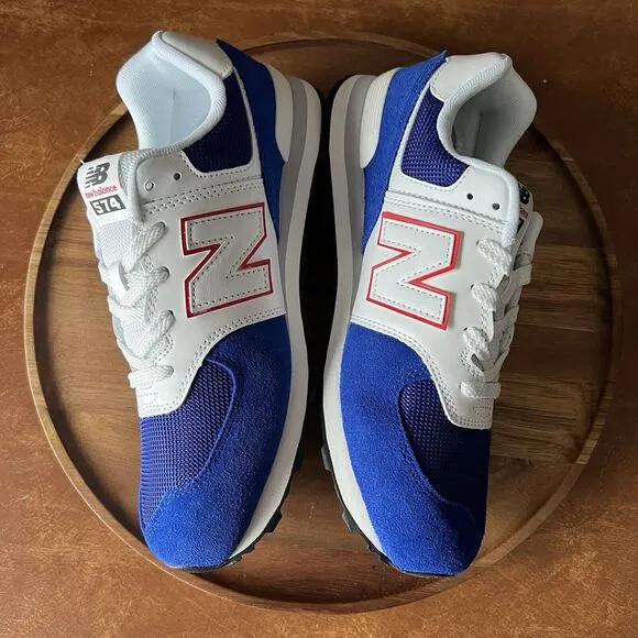 New Balance 574 Sneakers Shoes Suede White Royal Blue Men's 7 Womens 8.5