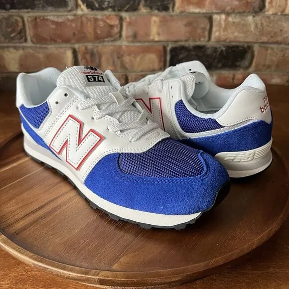 New Balance 574 Sneakers Shoes Suede White Royal Blue Men's 7 Womens 8.5