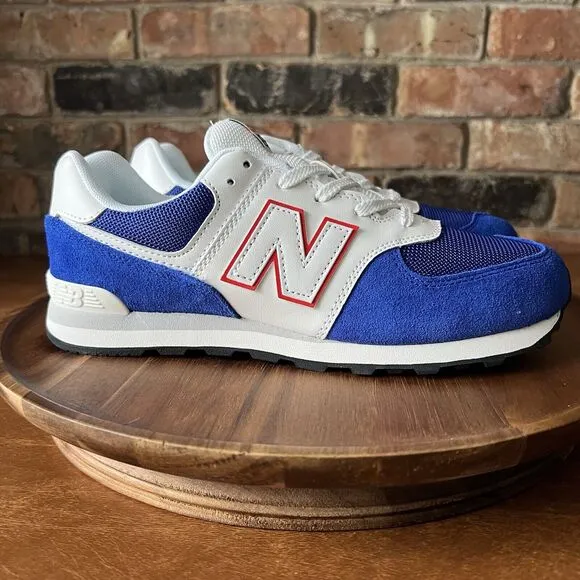 New Balance 574 Sneakers Shoes Suede White Royal Blue Men's 7 Womens 8.5