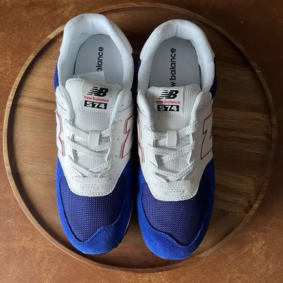 New Balance 574 Sneakers Shoes Suede White Royal Blue Men's 7 Womens 8.5