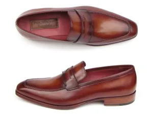 Paul Parkman Men's Hand-Painted Leather Penny Loafers in Tobacco & Bordeaux