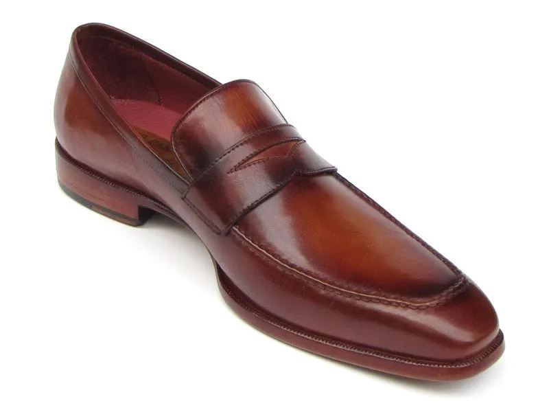 Paul Parkman Men's Hand-Painted Leather Penny Loafers in Tobacco & Bordeaux