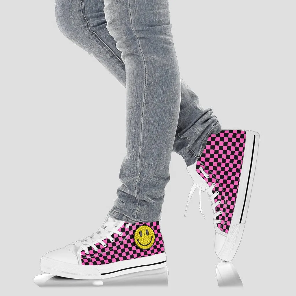 Pink Checkers And Smiles Embroidered High Top Shoes