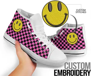 Pink Checkers And Smiles Embroidered High Top Shoes