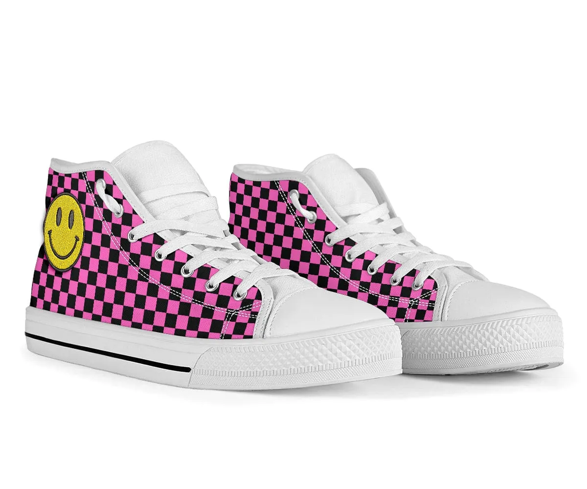 Pink Checkers And Smiles Embroidered High Top Shoes