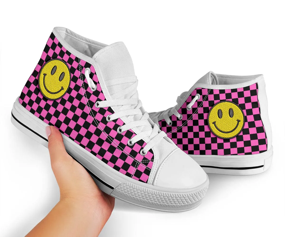Pink Checkers And Smiles Embroidered High Top Shoes
