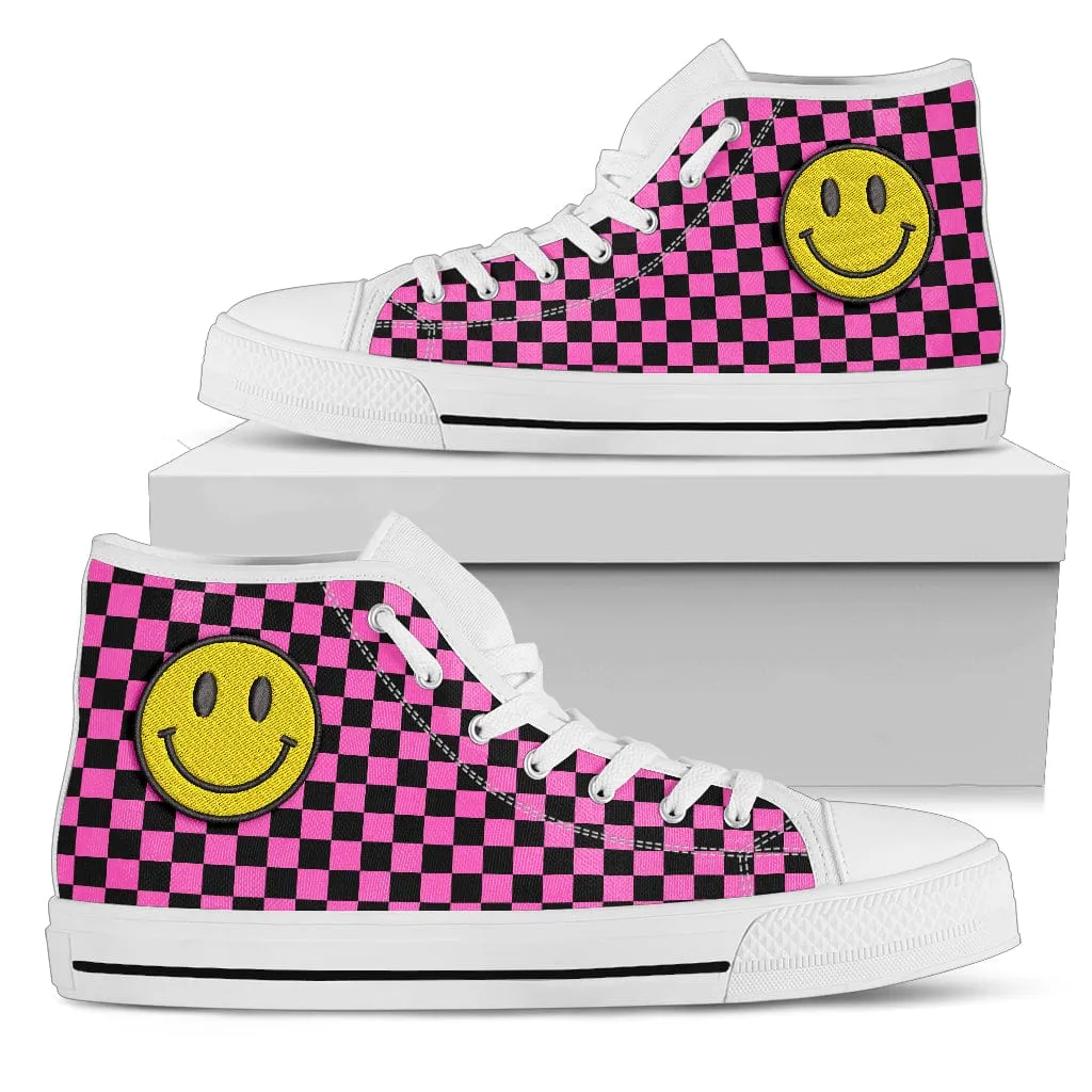 Pink Checkers And Smiles Embroidered High Top Shoes