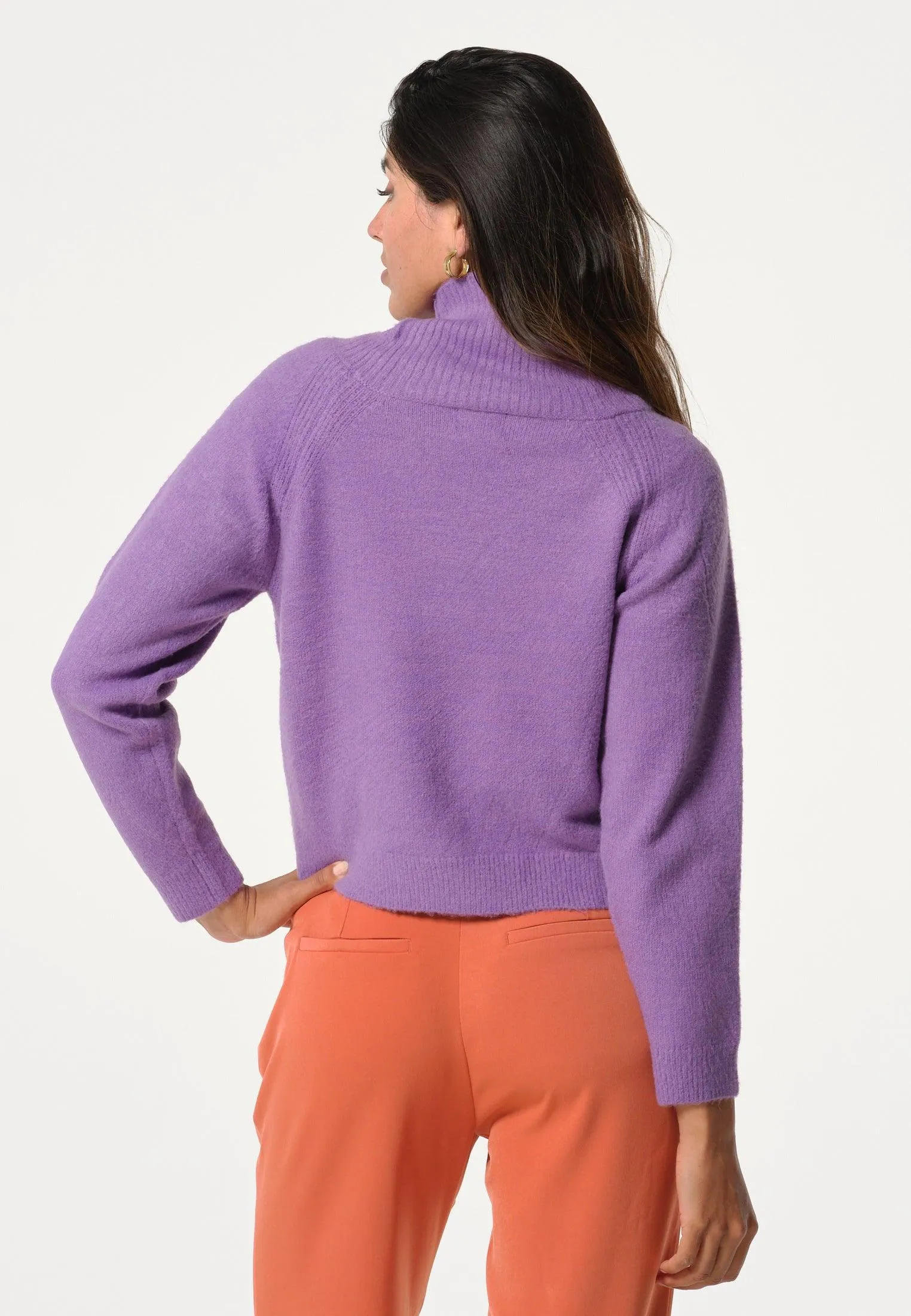 Pull femme violet avec tressage ligné et col haut