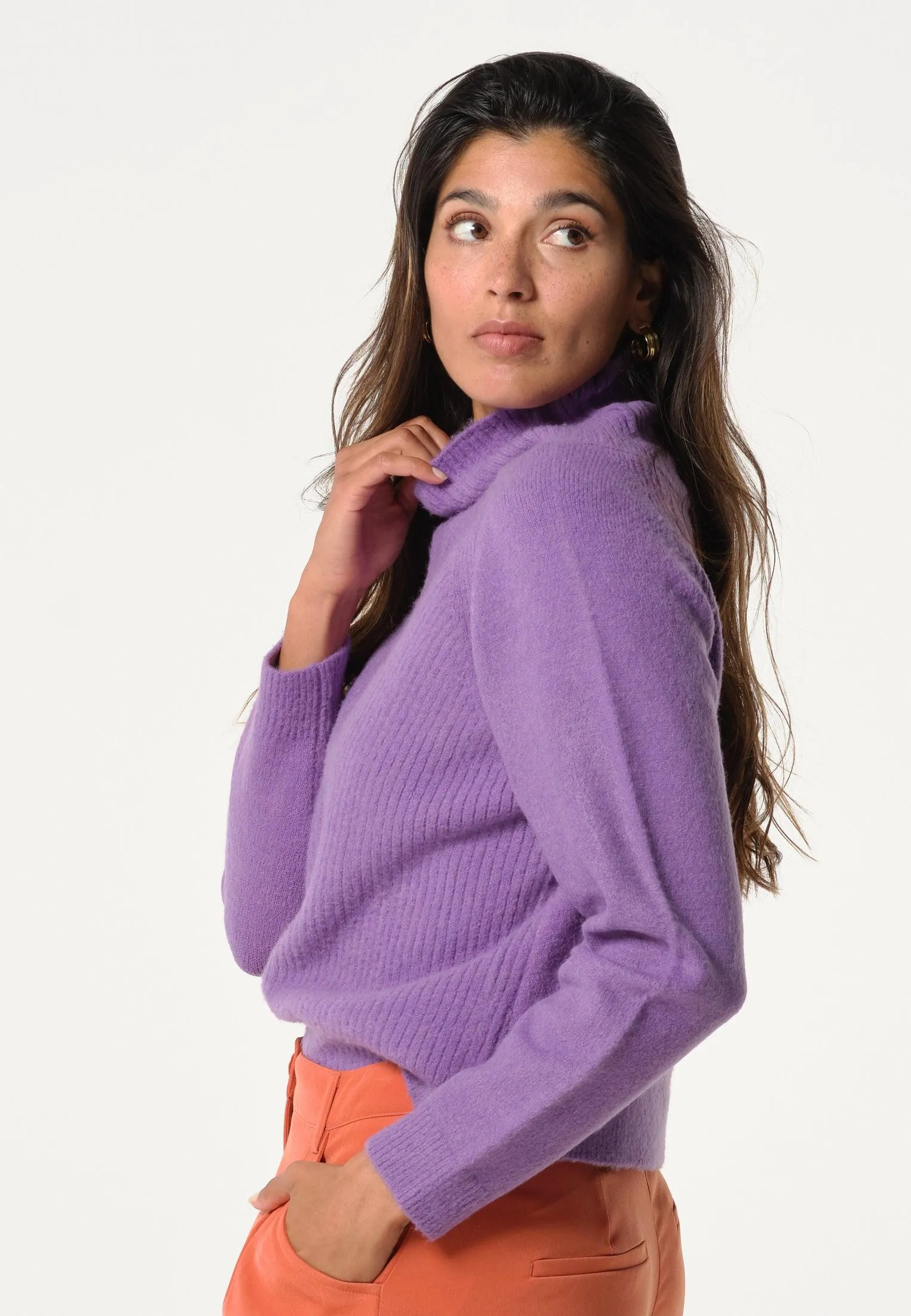 Pull femme violet avec tressage ligné et col haut