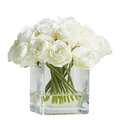 Real Touch Faux White Silk Rose Centerpiece Arrangement in Fake Water