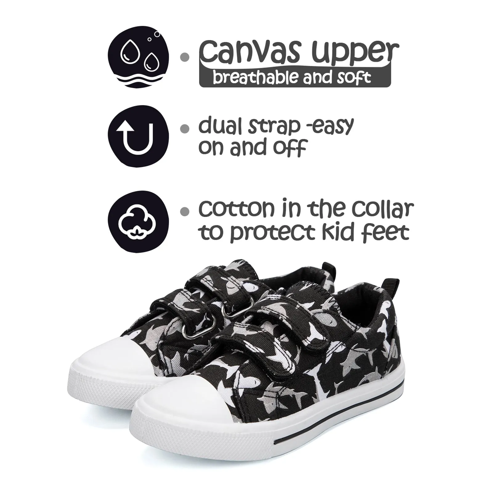 Shark Graphic Double Velcro Black Canvas Sneakers