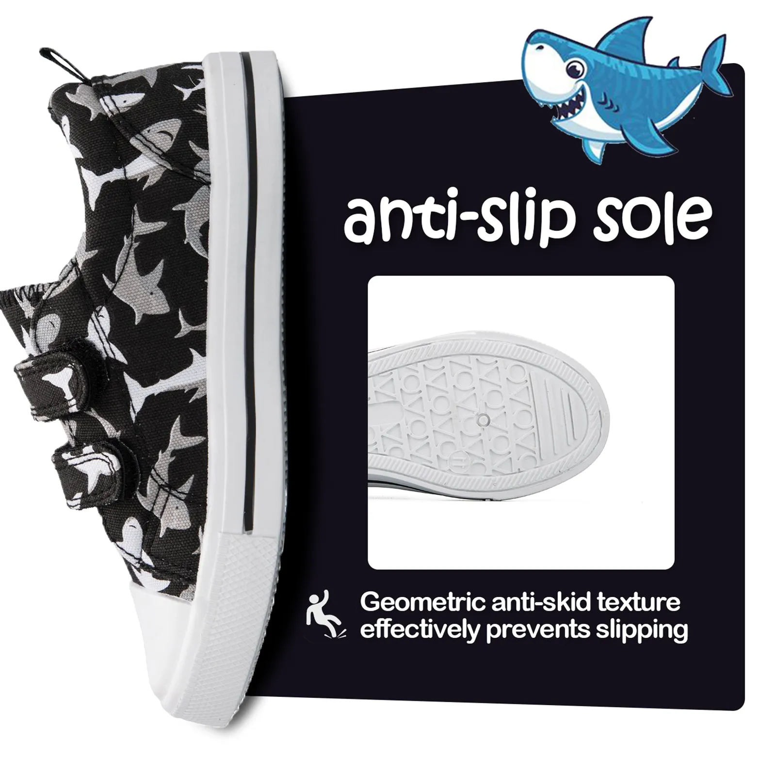 Shark Graphic Double Velcro Black Canvas Sneakers