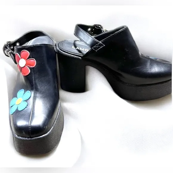 Size 7………Chunky Black Platform Heels with colorful flowers.  New…..Lamoda