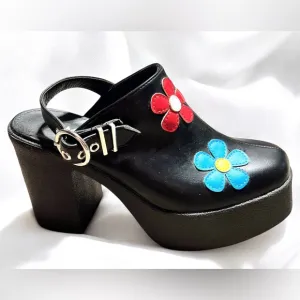 Size 7………Chunky Black Platform Heels with colorful flowers.  New…..Lamoda