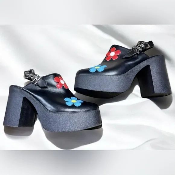 Size 7………Chunky Black Platform Heels with colorful flowers.  New…..Lamoda