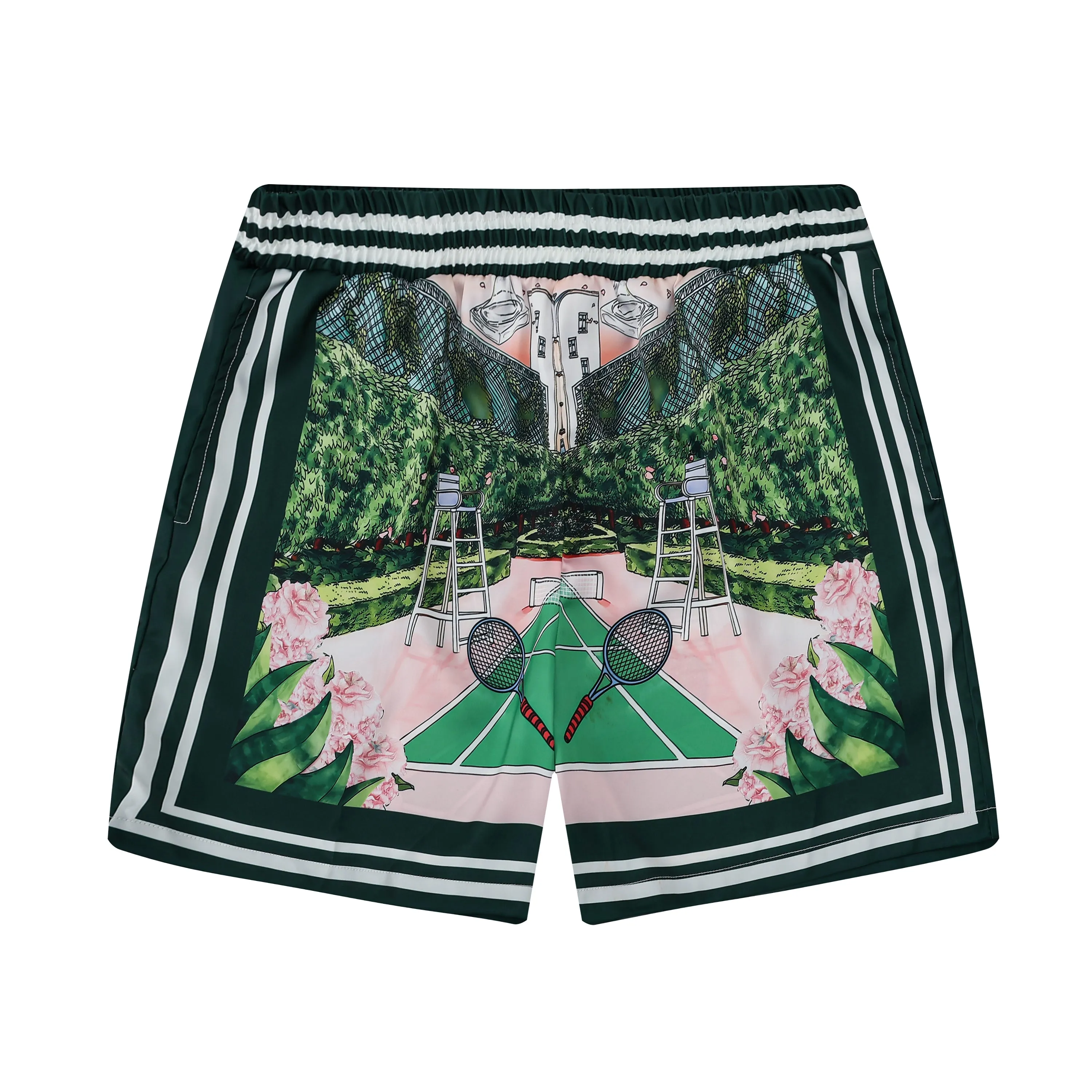 Tennis Court Cat Pattern Silk Fiber Waistband Shorts